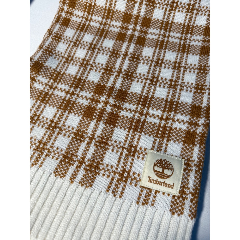 Timberland Plaid Scarf Unisex OS Brown White Knit Logo
